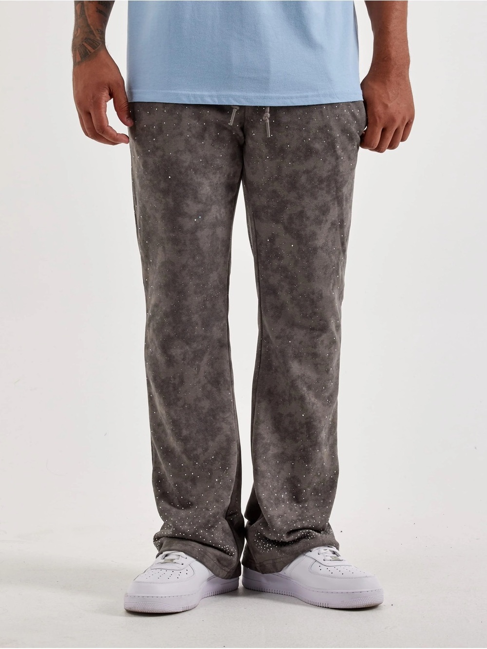 BKYS Men's Washed Fleece Flare Pants grey color vintage wash flared glittered